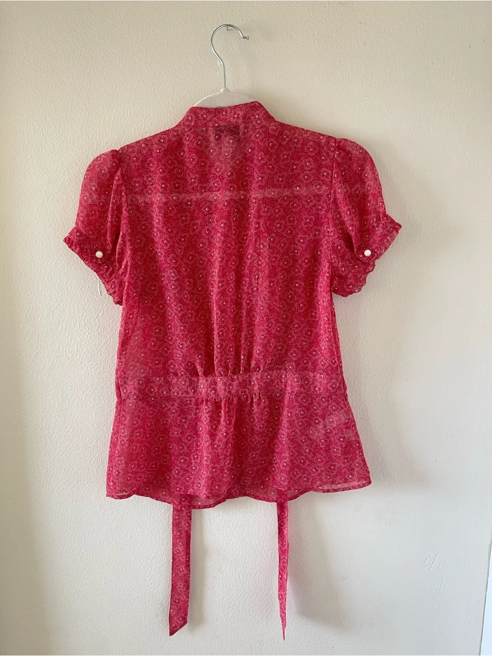 LOFT Fuchsia Floral Sheer Tie-Waist Button Blouse